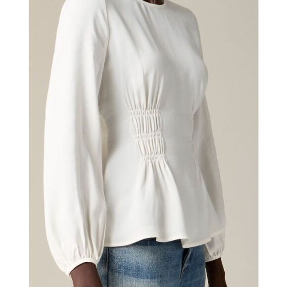 J.Crew Ivory Shirred-Waist Viscose Crepe Long Sleeve Top Size 8 NWT CF445 - Picture 2 of 9